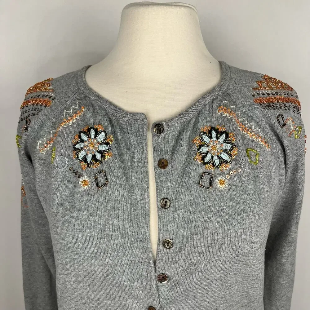 SUNDANCE‎ | Gray Beaded Embroidered Button Up Boho Cotton Cardigan | Women's M